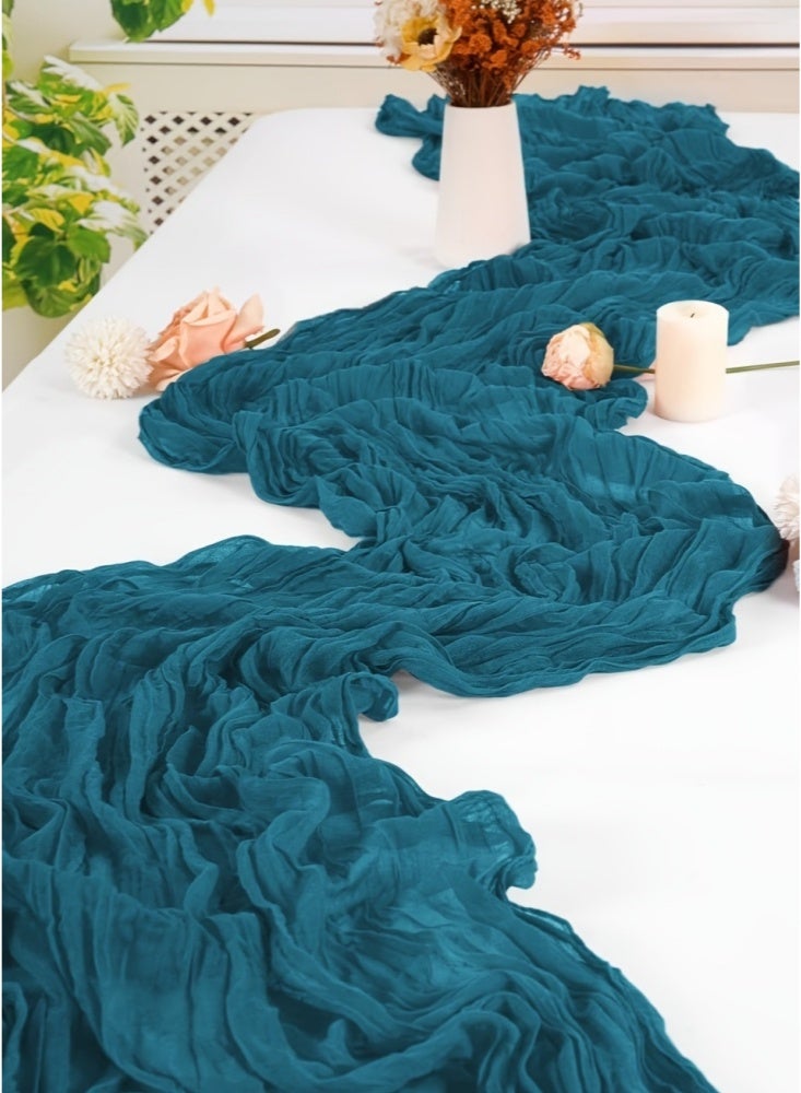 300×90cm Cheesecloth Table Runner Pleated Gauze Sheer Tablecloth for Wedding Party Bridal & Baby Shower Rustic Boho Farmhouse Table Decor Long Sand Table Flag for Reception & Events(Cyan） - Image 2